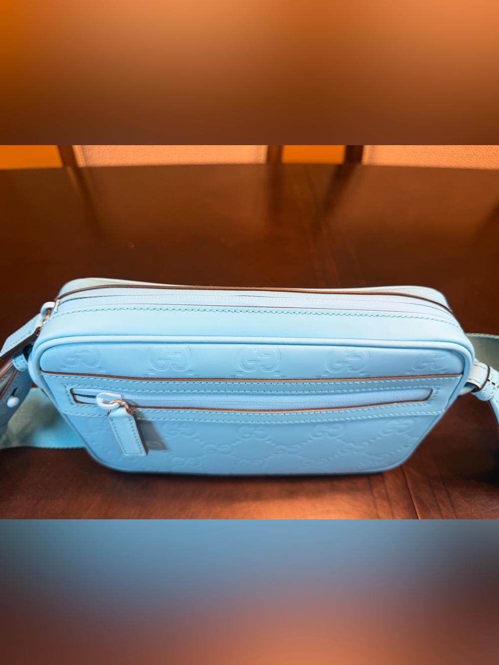 New Authentic Gucci GG Supreme Logo Blue Leather Shoulder Bag - Picture 6 of 16